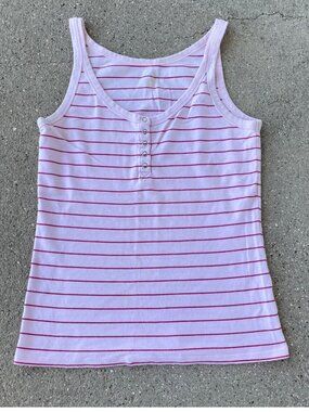 Vintage Y2K Gap Pale Pink Striped Henley Tank Top L Cotton Coquette 2006 Indie